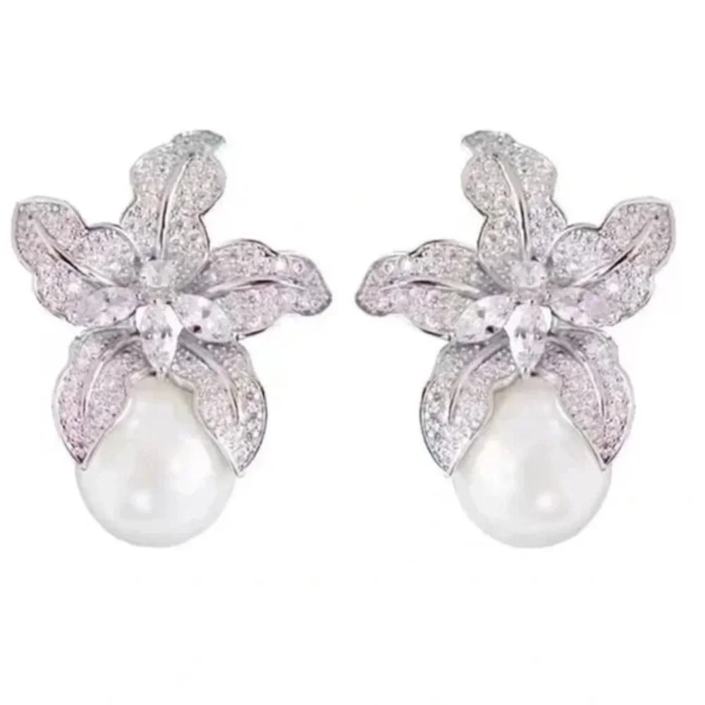 Anthropologie Pave Crystal Flower Pearl Earrings